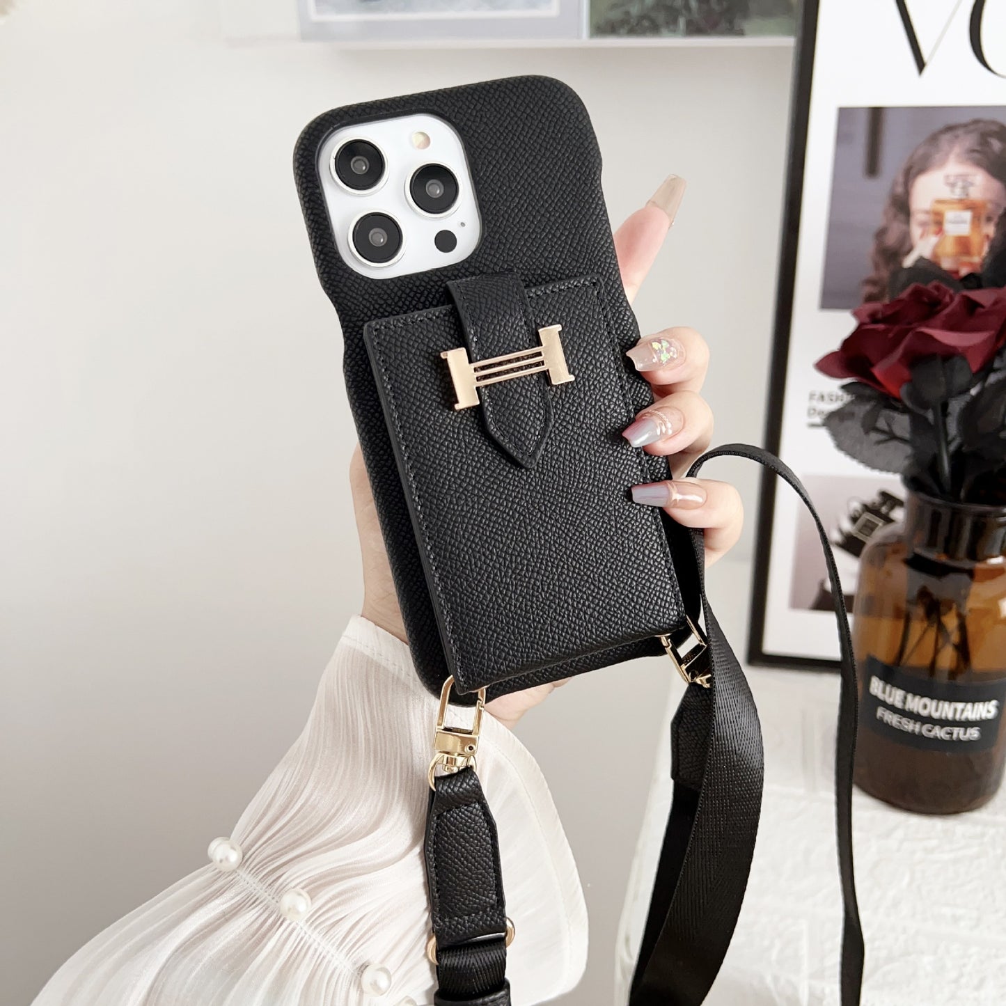 Palm pattern card holder phone case with H letter crossbody strap