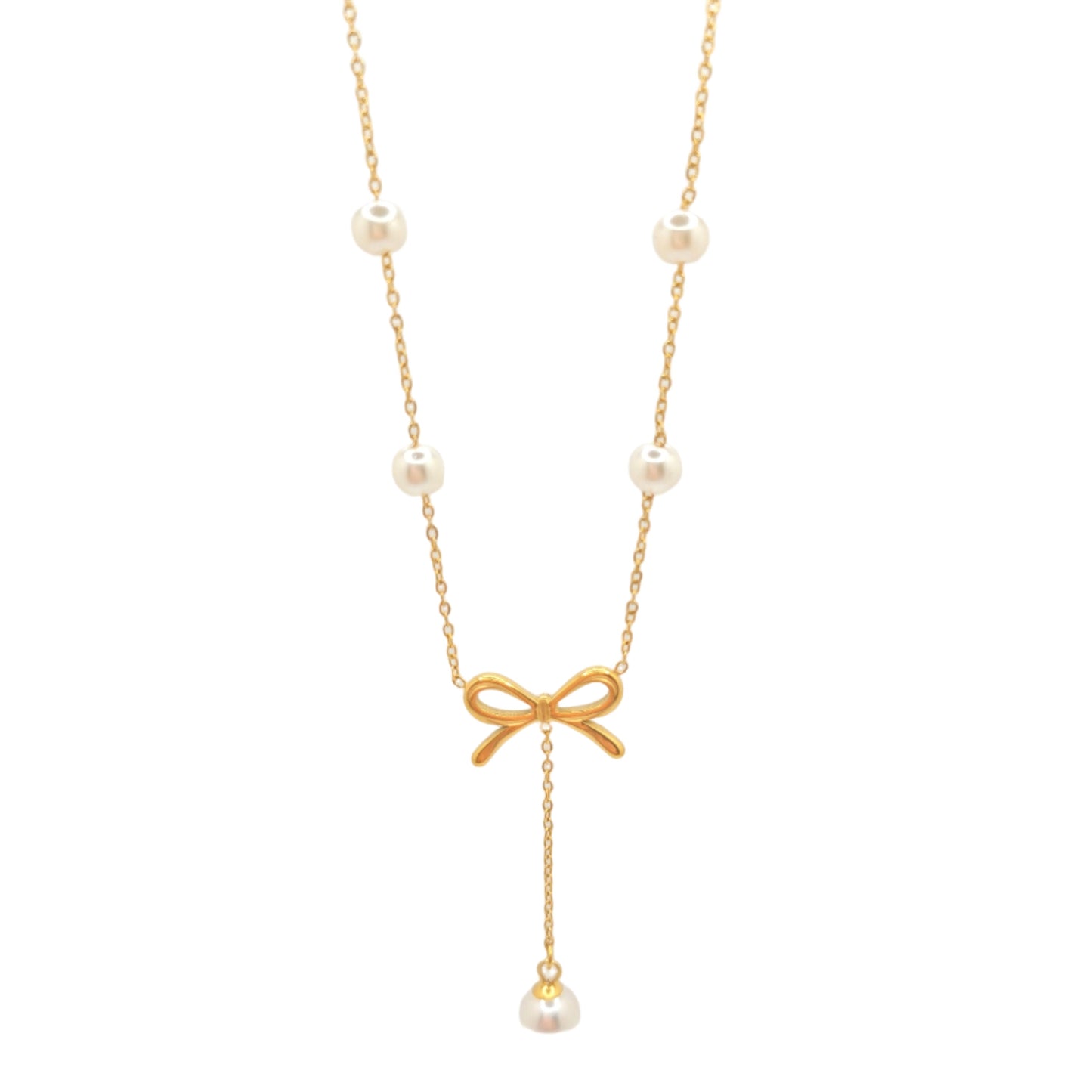 Bow Drop Pearl Lariat Necklace