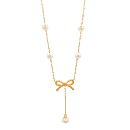 Bow Drop Pearl Lariat Necklace