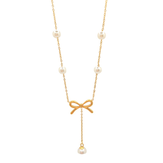 Bow Drop Pearl Lariat Necklace