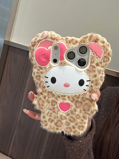 Hellokitty Leopard Print Fur Textured Silicone Cute Kawaii Phone Case