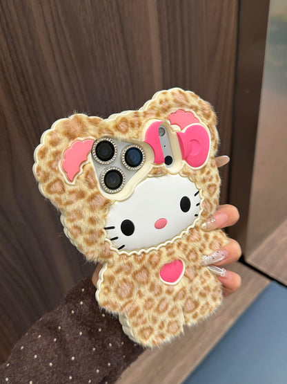 Hellokitty Leopard Print Fur Textured Silicone Cute Kawaii Phone Case
