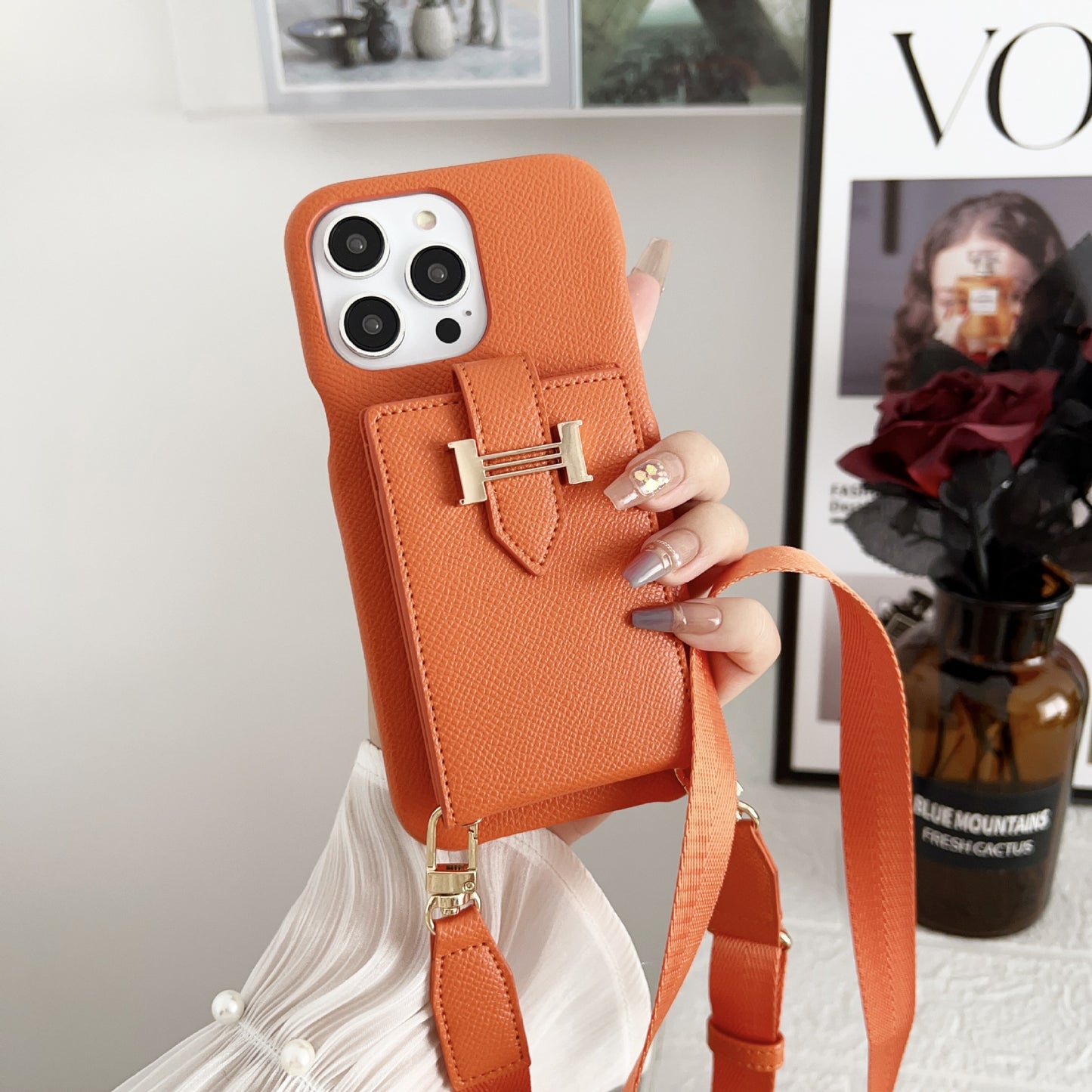 Palm pattern card holder phone case with H letter crossbody strap