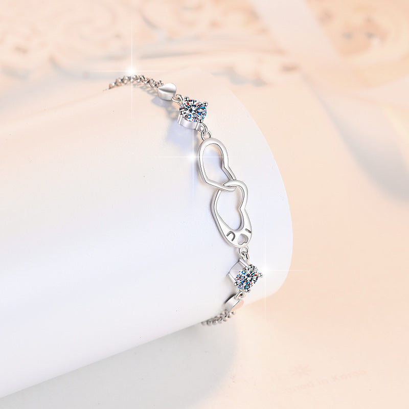 Sweet temperament double ring heart inlaid moissanite bracelet
