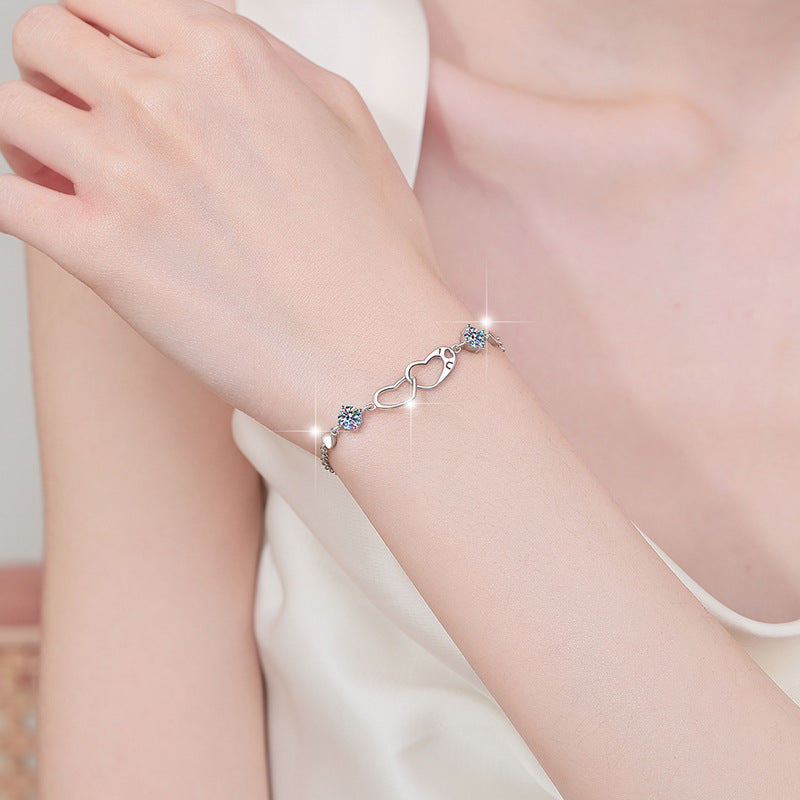 Sweet temperament double ring heart inlaid moissanite bracelet