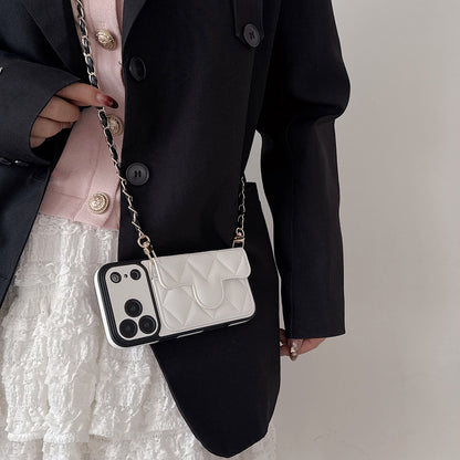 The Oblique Cross Card Holder Lanyard IPhone Case Exudes a High-End Feel, Featuring a Delicate Small Hole Design and Comprehensive Drop Protection.