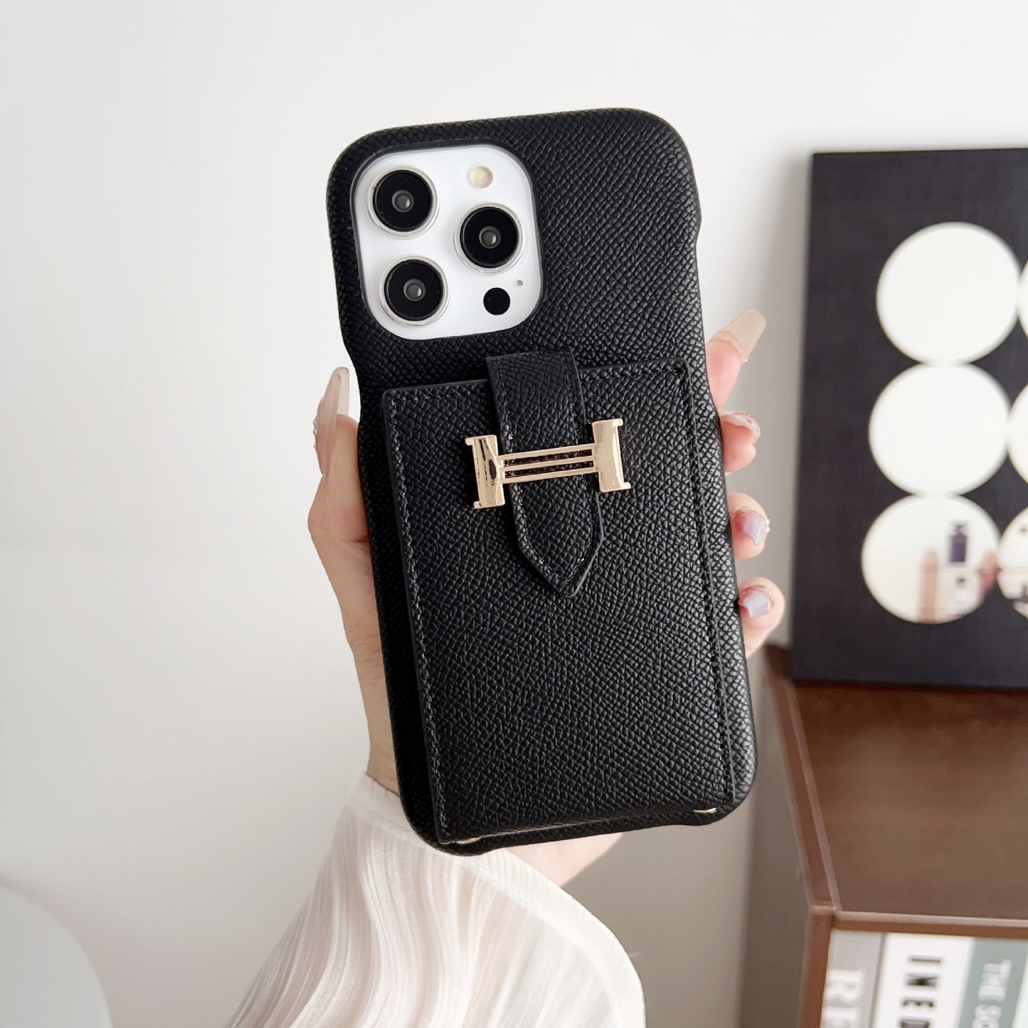 Palm pattern card holder phone case with H letter crossbody strap