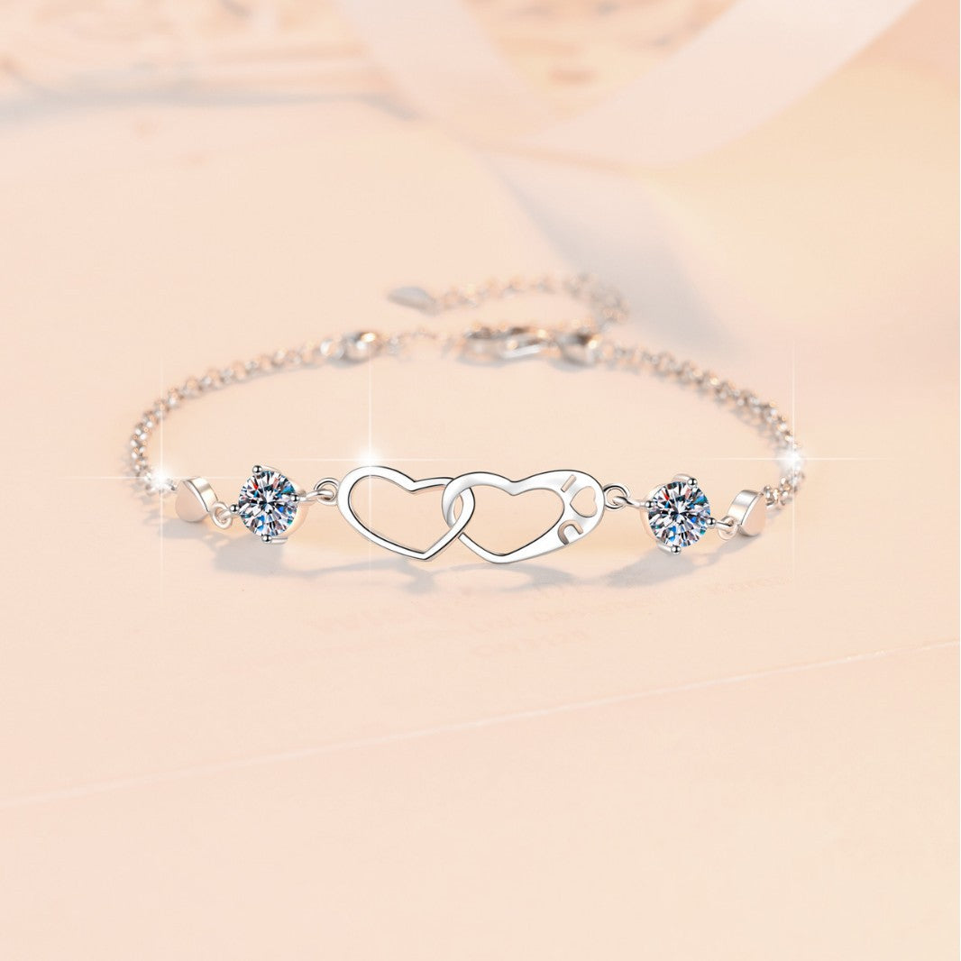 Sweet temperament double ring heart inlaid moissanite bracelet