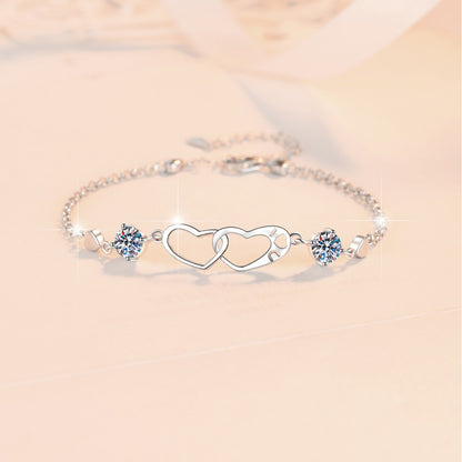 Sweet temperament double ring heart inlaid moissanite bracelet