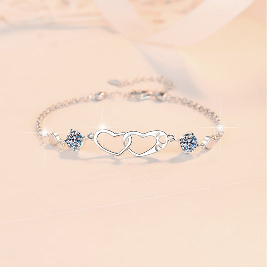 Sweet temperament double ring heart inlaid moissanite bracelet