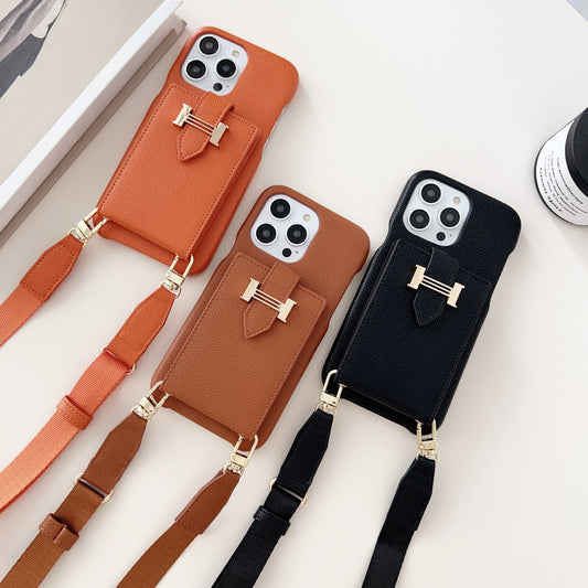 Palm pattern card holder phone case with H letter crossbody strap