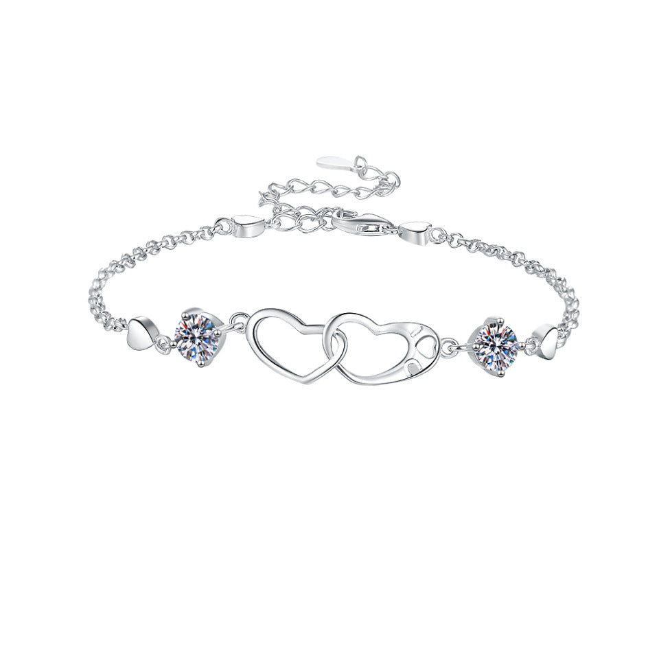 Sweet temperament double ring heart inlaid moissanite bracelet