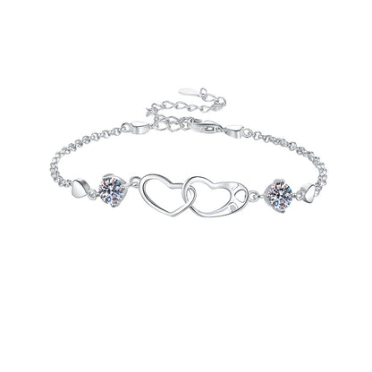 Sweet temperament double ring heart inlaid moissanite bracelet