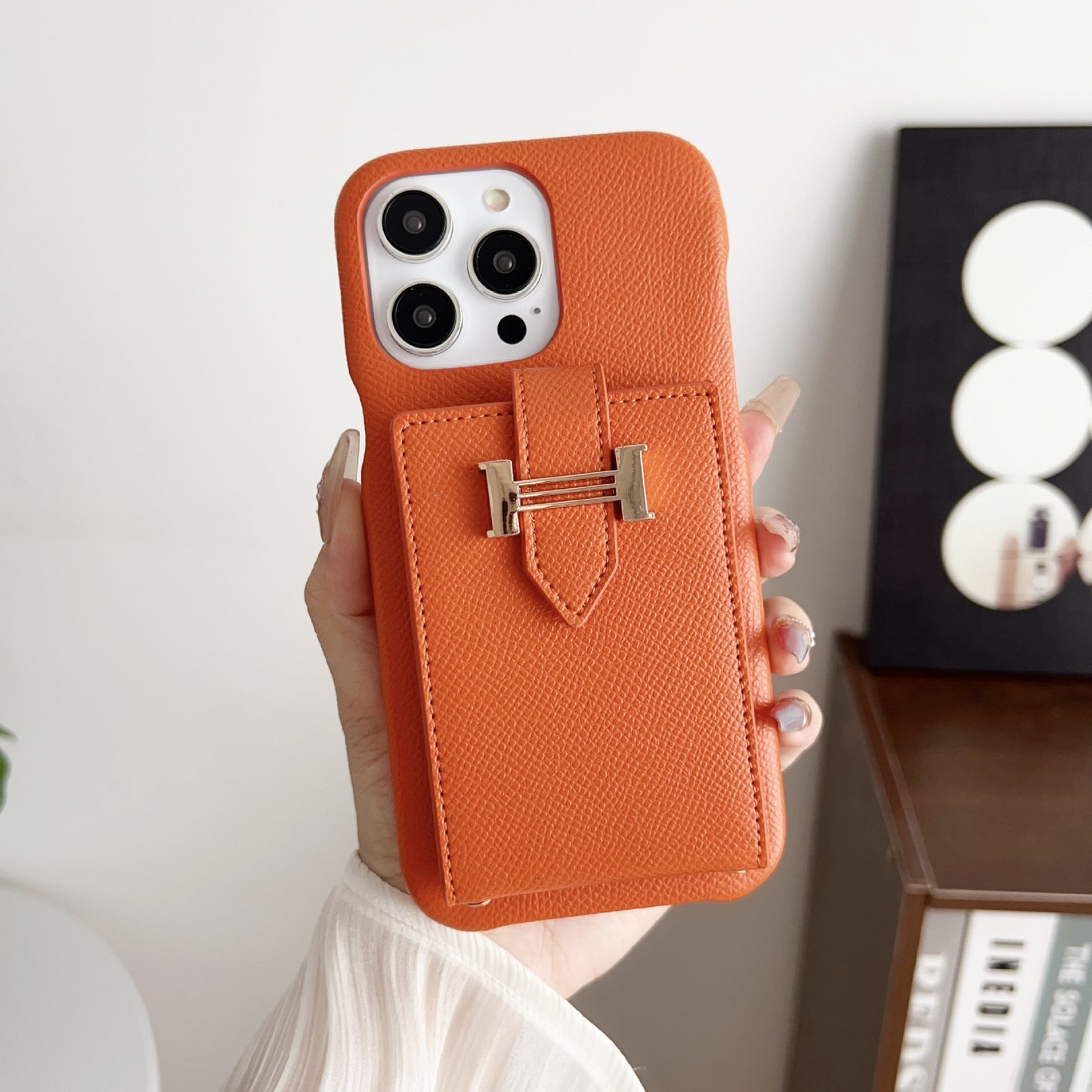 Palm pattern card holder phone case with H letter crossbody strap
