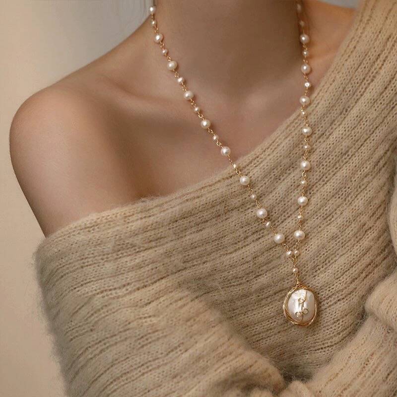 Baroque Pearl Necklace Women's Hand-Woven Long Sweater Chain Light Luxury Long