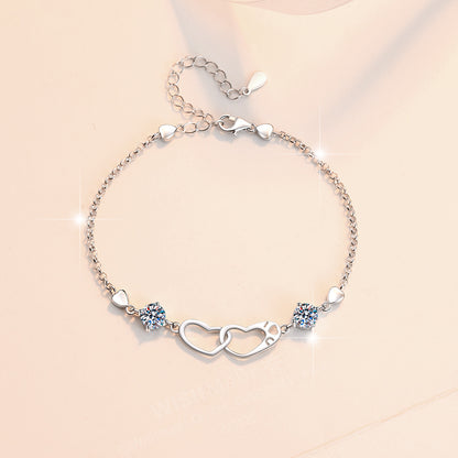 Sweet temperament double ring heart inlaid moissanite bracelet
