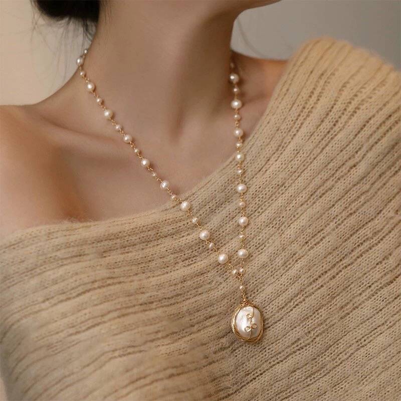 Baroque Pearl Necklace Women's Hand-Woven Long Sweater Chain Light Luxury Long