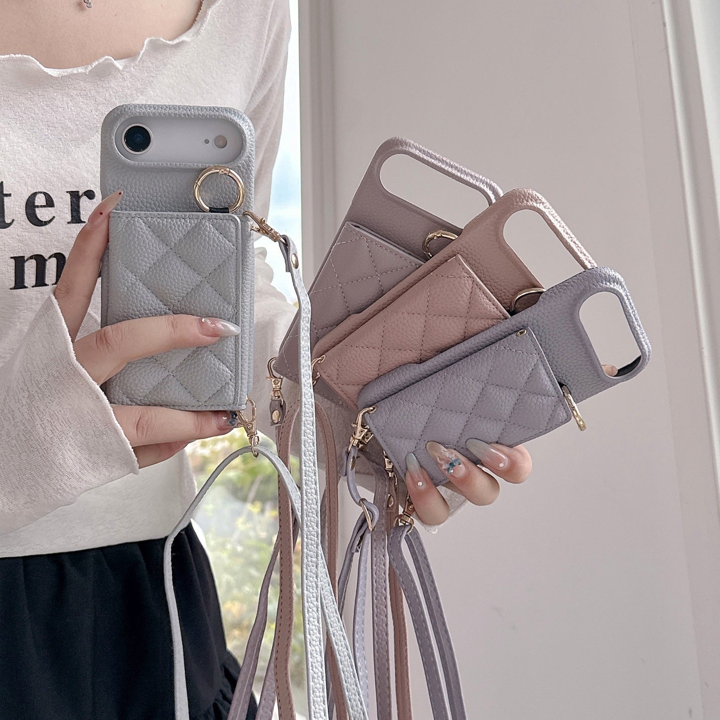 Lychee Grain Card Slot Ring Buckle Crossbody Phone bag For IPhone